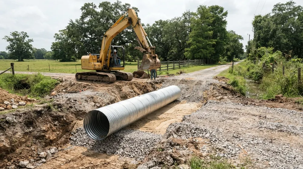 Driveway culvert installation under a rural gravel drive in Acadiana, Louisiana