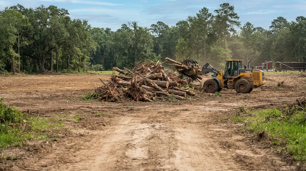 Debris removal and hauling - loader picking up logs and limbs after land clearing