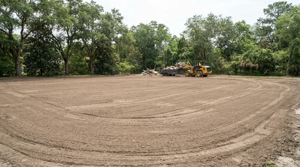Debris hauling and site restoration - graded lot after demolition