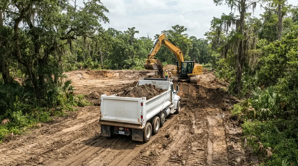 Dirt removal and hauling - excavator loading a dump truck
