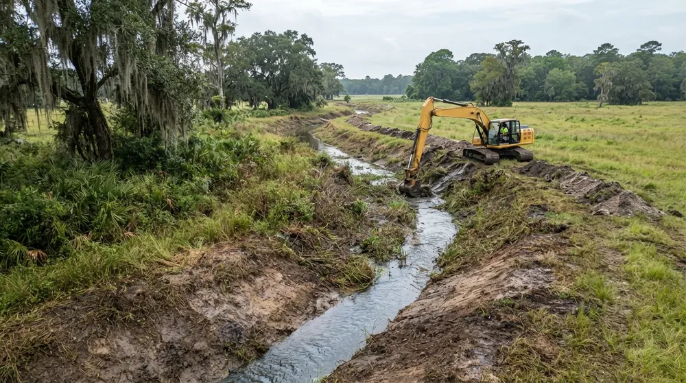 Drainage ditch cleaning with an excavator in Lafayette, LA
