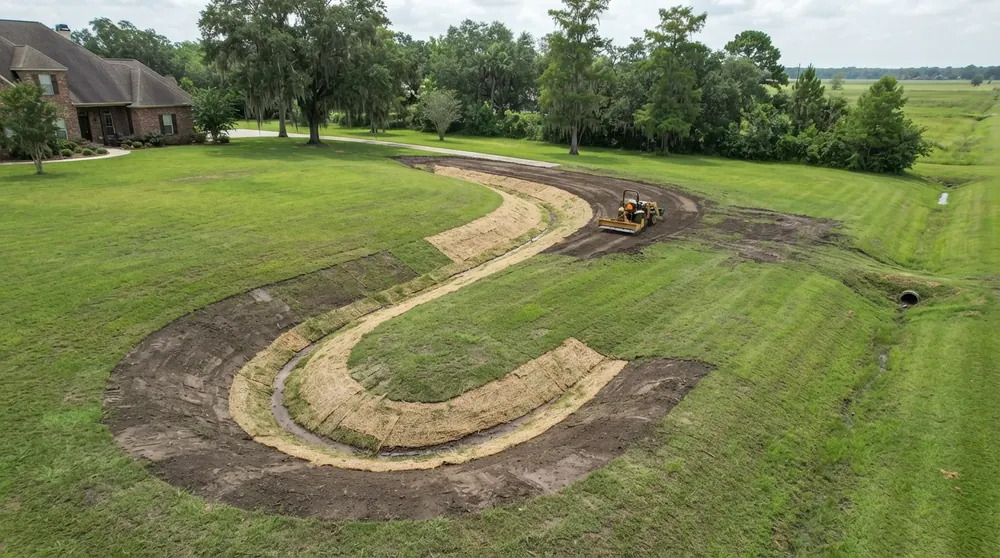 Drainage grading and swale shaping across a residential lawn