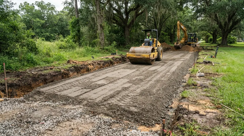 Driveway base preparation compacted in lifts with a roller