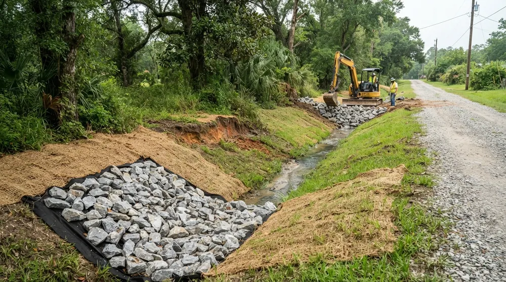 Erosion control with riprap rock along a drainage bank in Acadiana