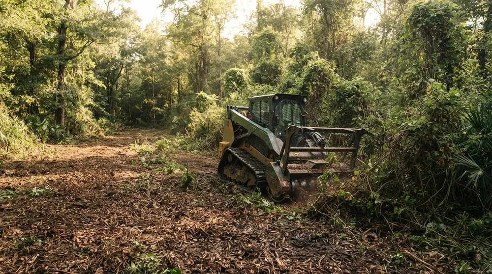 Forestry mulching in Acadiana, Louisiana - mulcher turning brush into ground cover