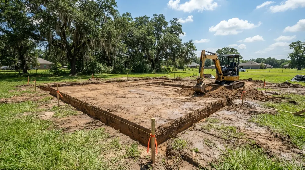 Foundation excavation with footing trenches and survey stakes