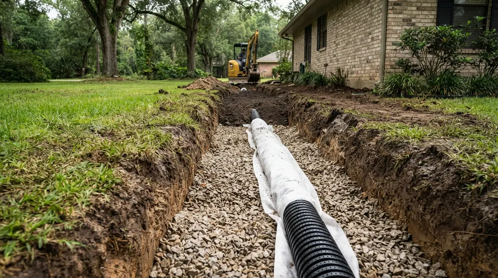 French drain installation with perforated pipe and gravel in Lafayette, LA