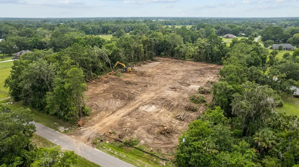 Full lot clearing in Lafayette, LA - aerial view of a cleared residential lot