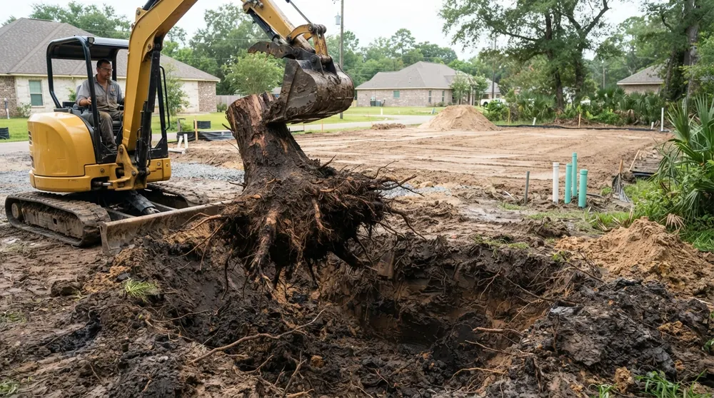Full stump and root removal with an excavator before construction