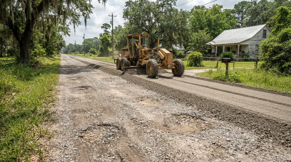 Gravel driveway regrading and pothole repair with a motor grader