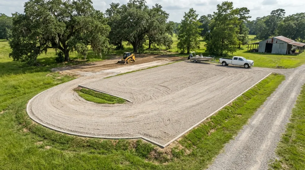 Gravel parking pad and turnaround for trucks, boats and RVs