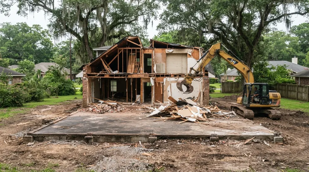 House demolition in Lafayette, LA - excavator removing walls down to the slab