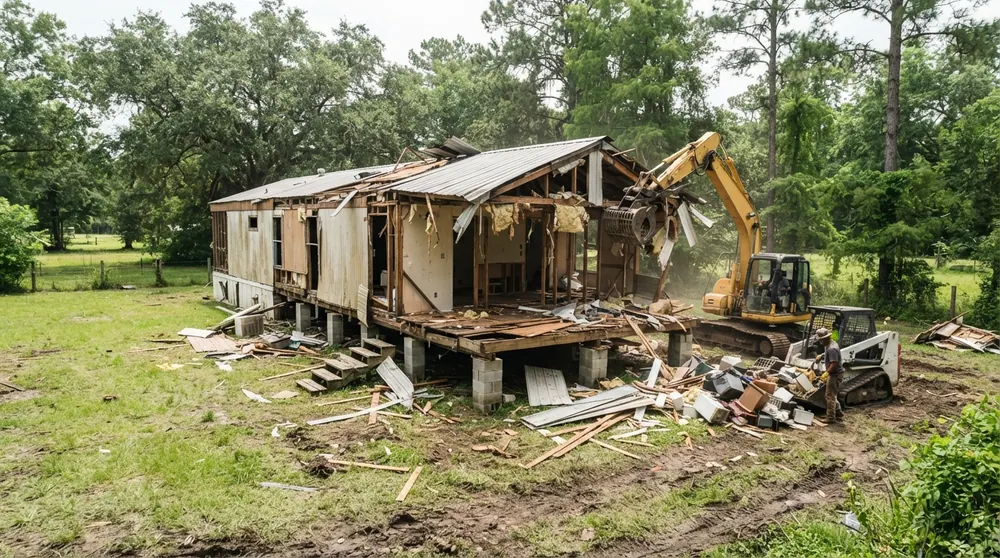 Mobile home removal - manufactured home demolished with skirting, deck and piers