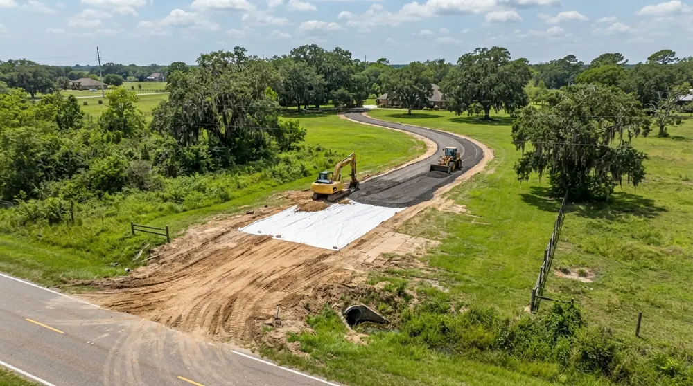 New gravel driveway being built with geotextile fabric and compacted gravel