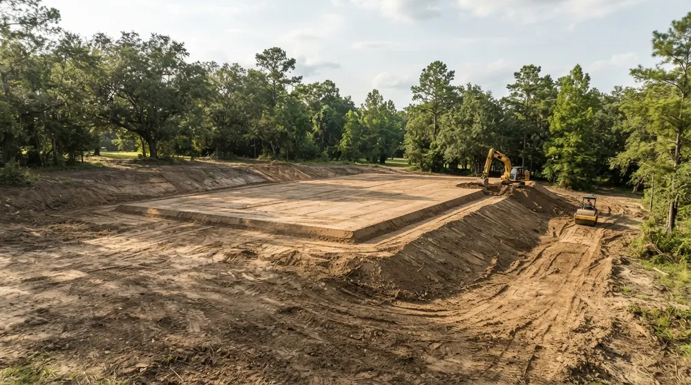 Pad prep and rough grading - building pad shaped on cleared land in Lafayette, LA