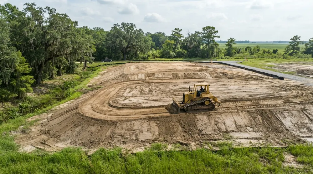 Rough grading with a bulldozer to set site elevations