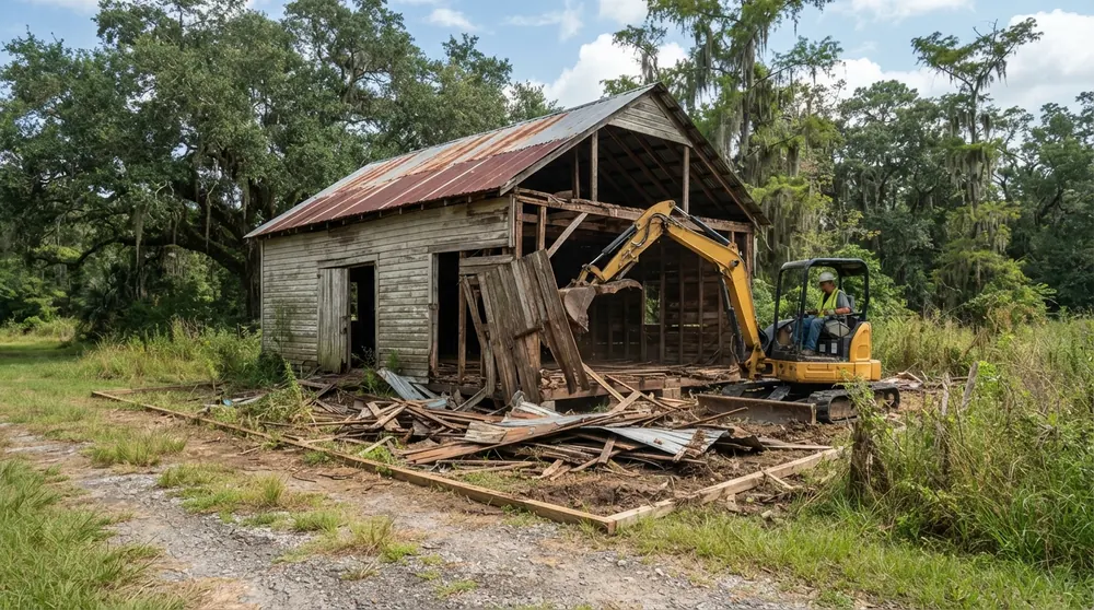 Shed, barn and garage demolition on a rural Louisiana property