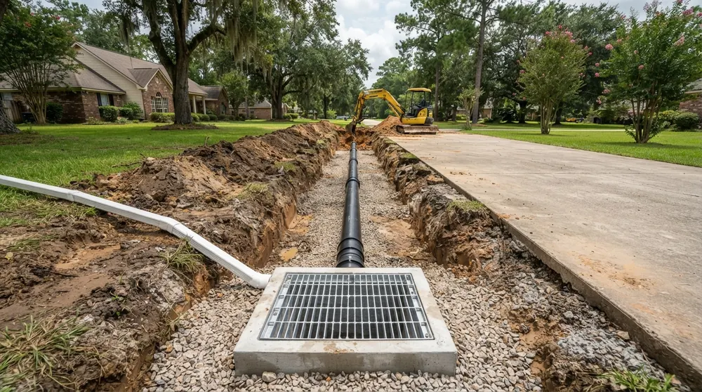 Storm drain pipe and catch basin installation beside a driveway