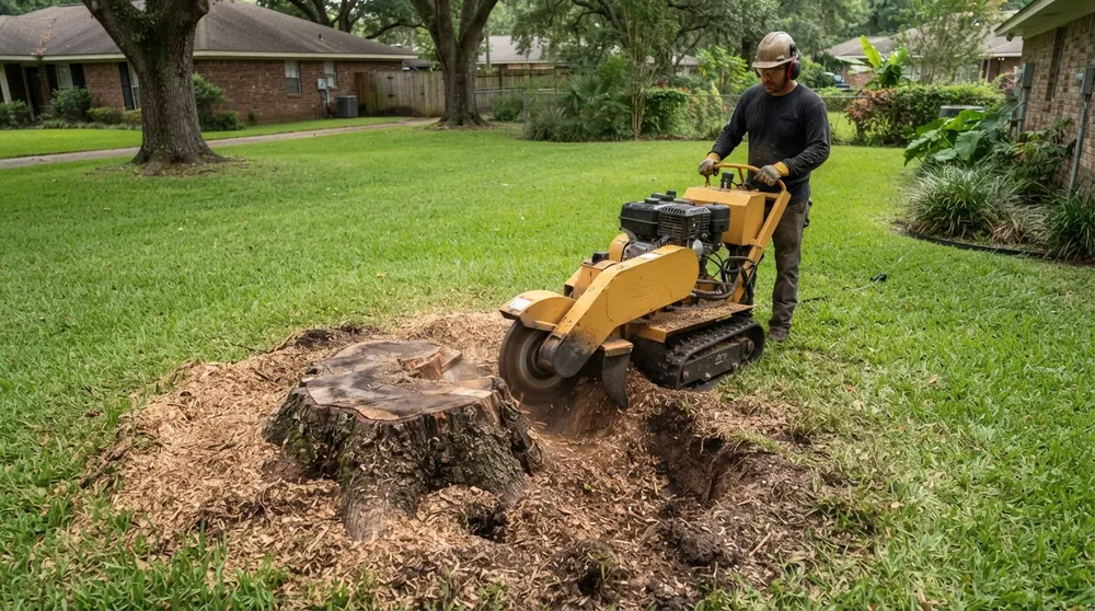Stump grinding below grade in a residential yard in Lafayette, LA
