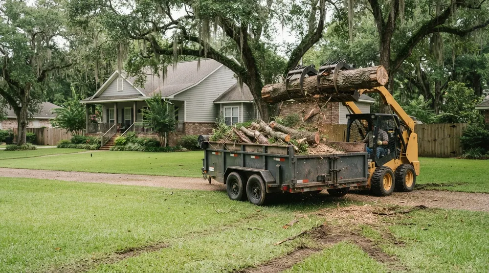 Tree debris removal and hauling - logs loaded onto a dump trailer
