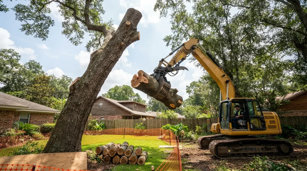 Tree removal in Lafayette, LA - excavator handling a cut trunk section