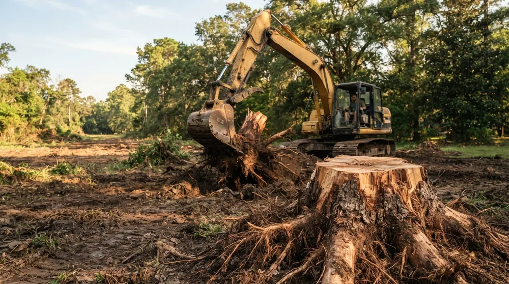 Tree and stump removal in Lafayette, LA - excavator pulling a stump below grade