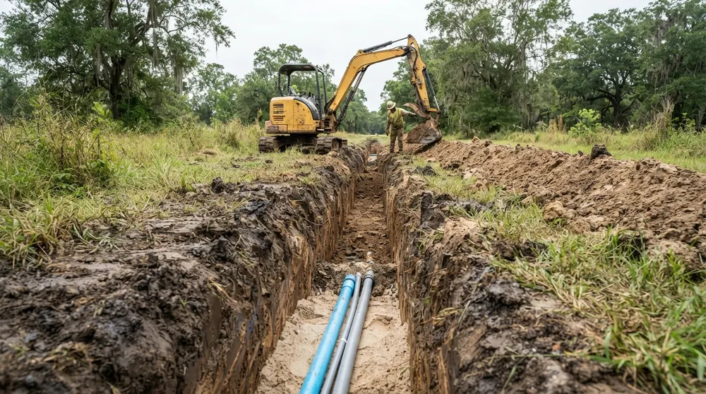Utility trenching with water line and conduit in Lafayette, LA